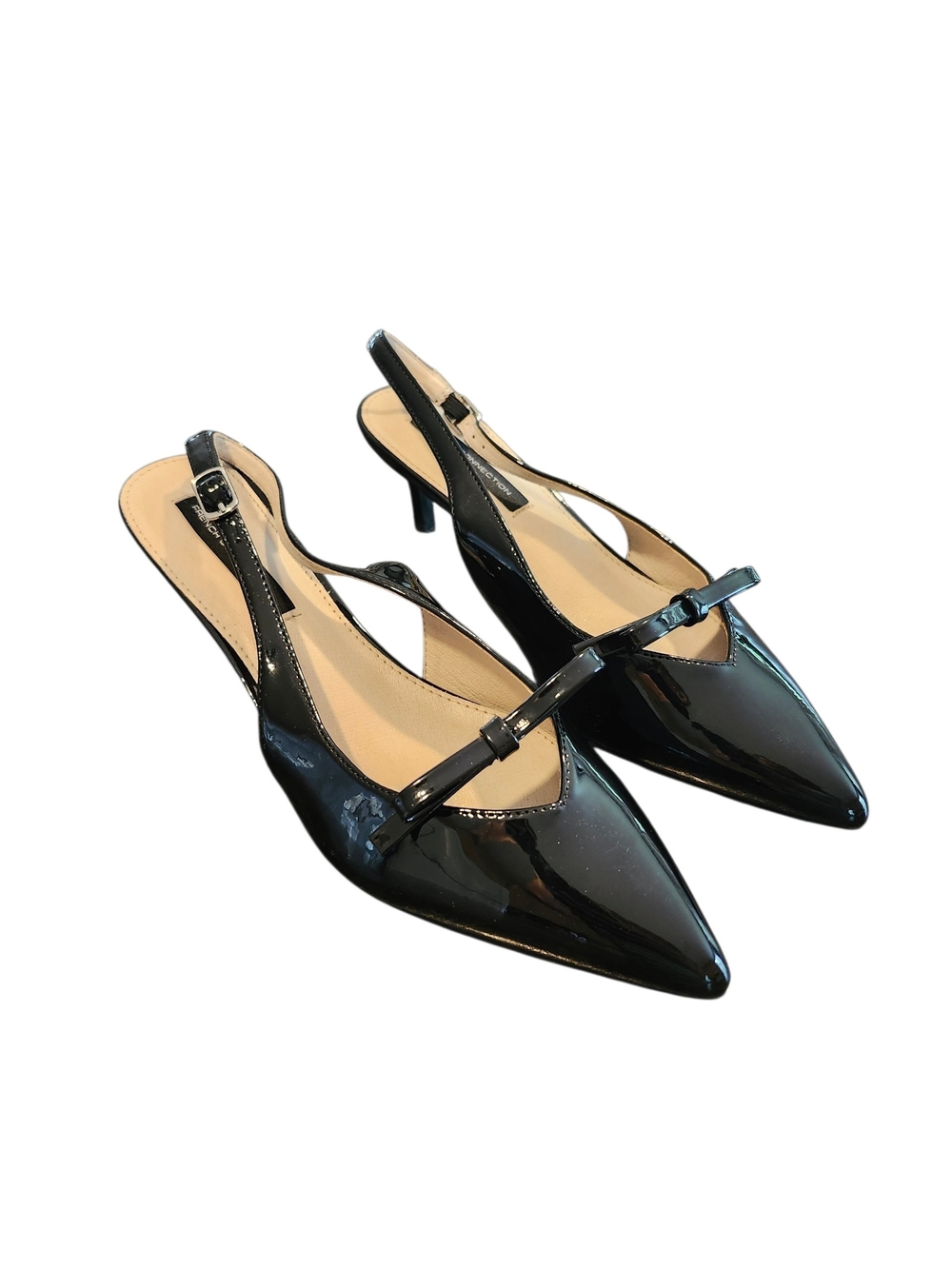 French Connection Black Patent Slingback Pumps Pointed Toe Kitten Heel With Bow - Picture 2 of 10